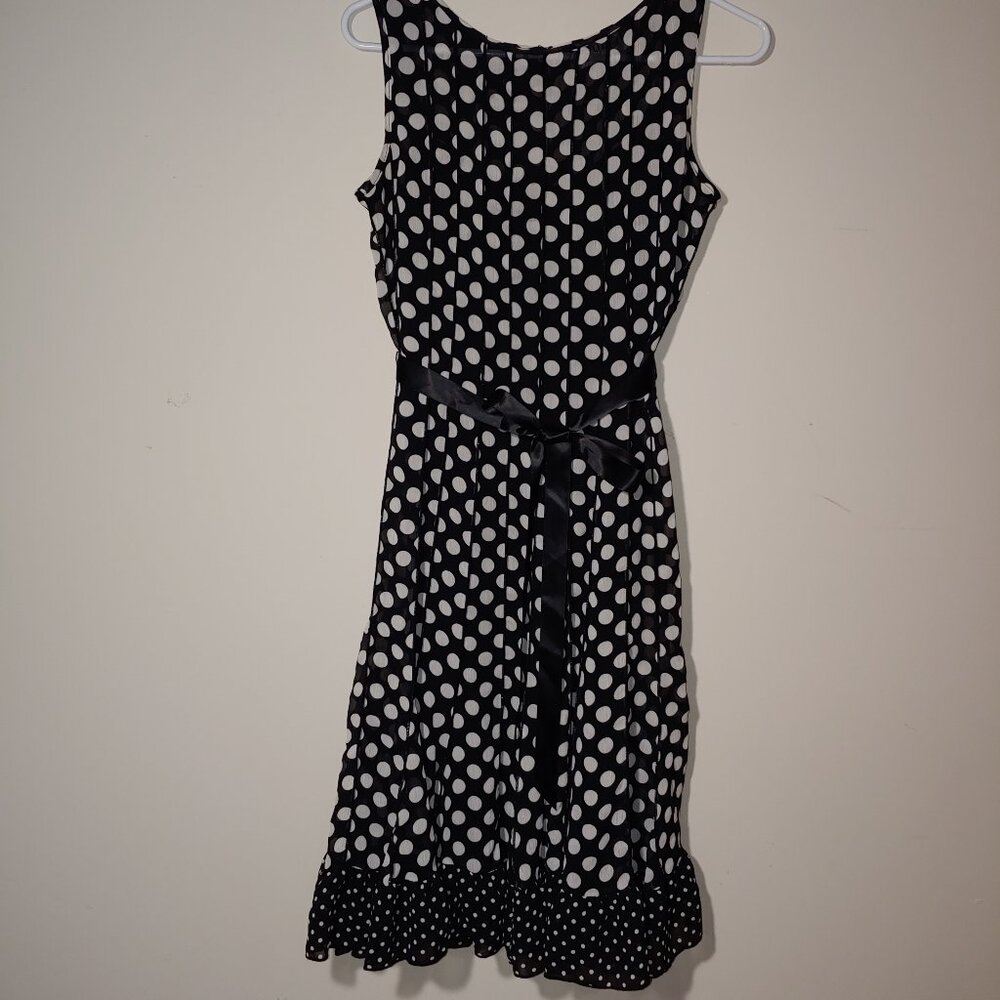 Studio 1 Polka dot Contrast Ruffle Hem Sleeveless Belted Midi Dress Size 6 Black